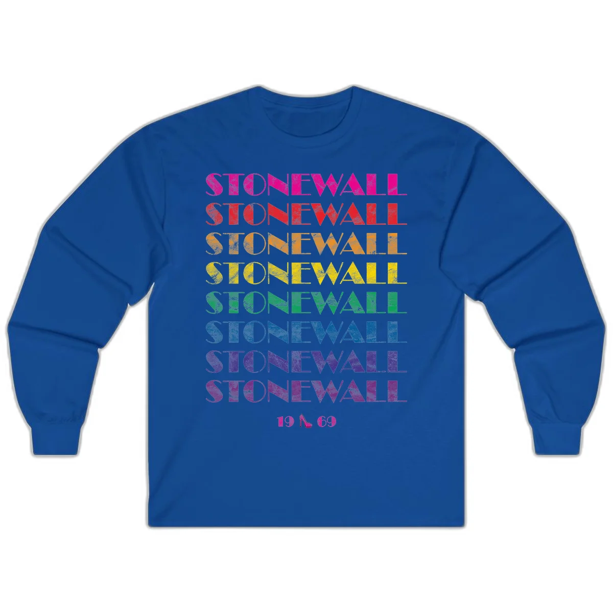 Stonewall Pride 1969 design with rainbow-colored repeated text and high heel icon on gray background in Royal