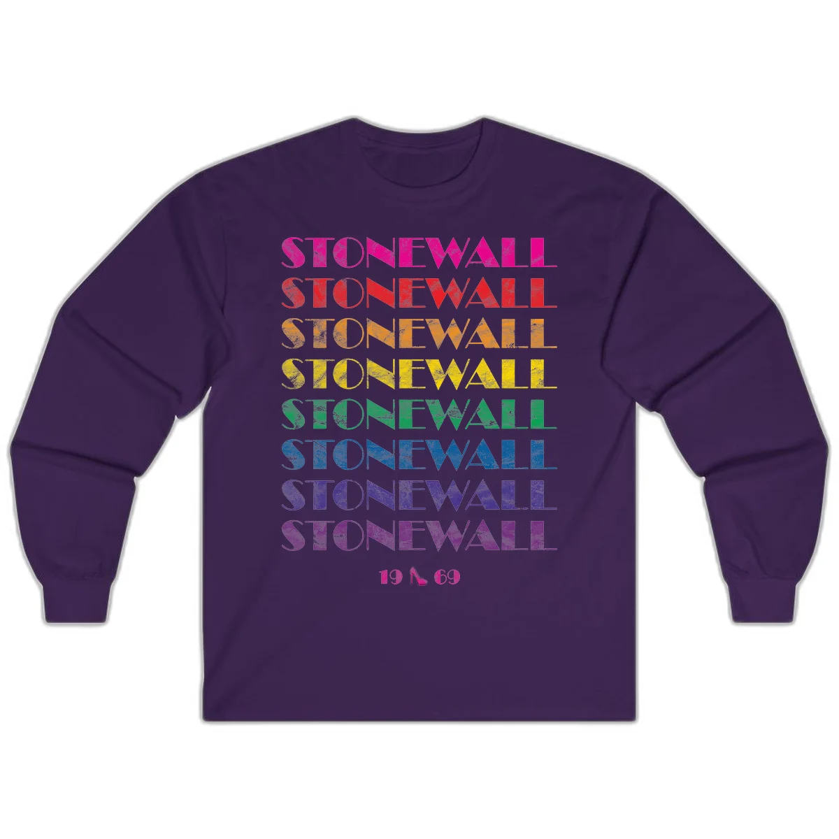 Stonewall Pride 1969 design with rainbow-colored repeated text and high heel icon on gray background in Purple
