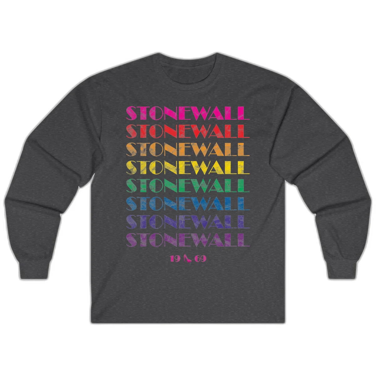 Stonewall Pride 1969 design with rainbow-colored repeated text and high heel icon on gray background in Dark Heather