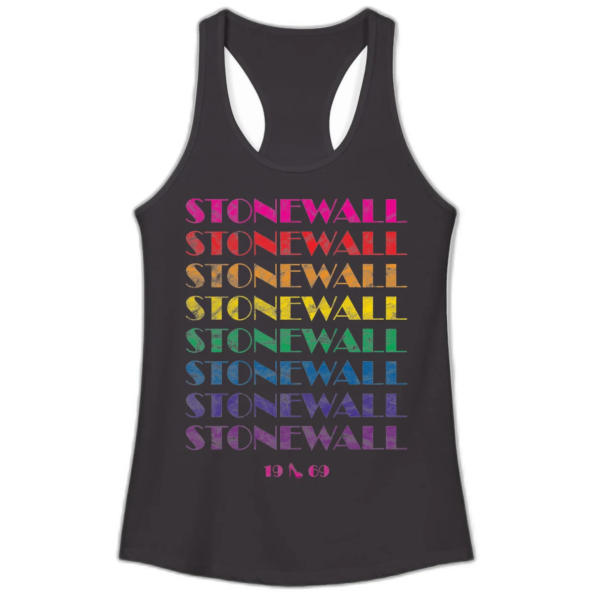 Stonewall Pride 1969 design with rainbow-colored repeated text and high heel icon on gray background in Black