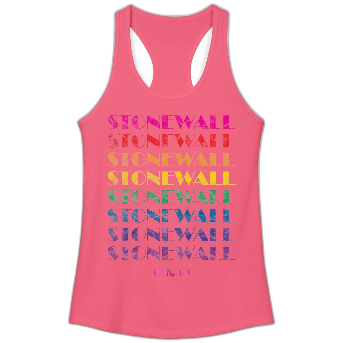 Stonewall Pride 1969 design with rainbow-colored repeated text and high heel icon on gray background in Hot Pink