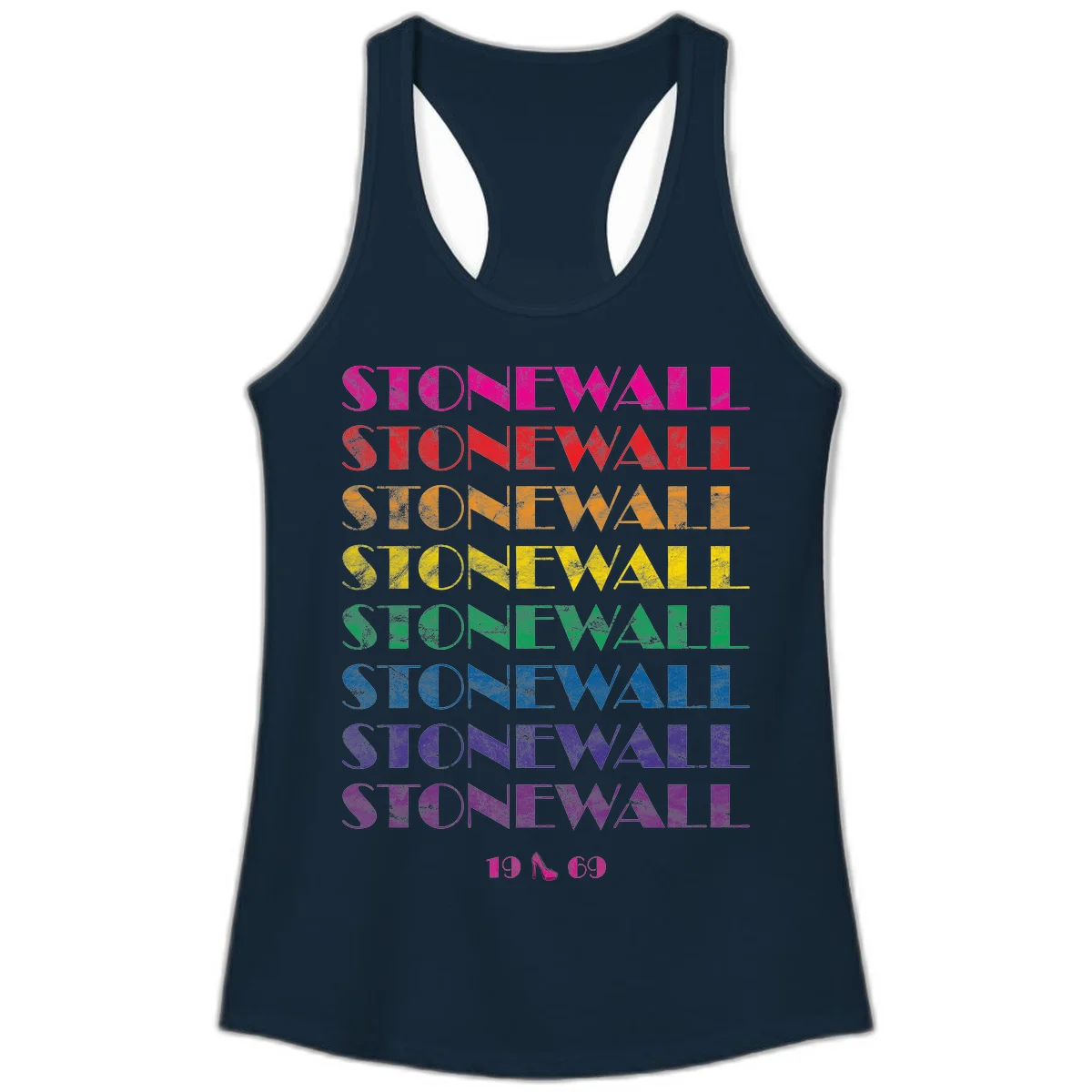 Stonewall Pride 1969 design with rainbow-colored repeated text and high heel icon on gray background in Solid Midnight Navy