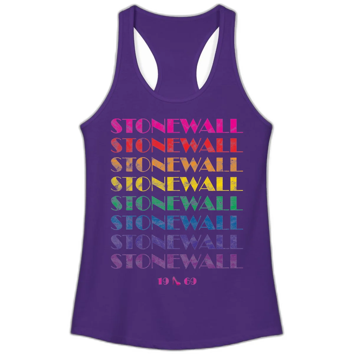Stonewall Pride 1969 design with rainbow-colored repeated text and high heel icon on gray background in Solid Purple Rush