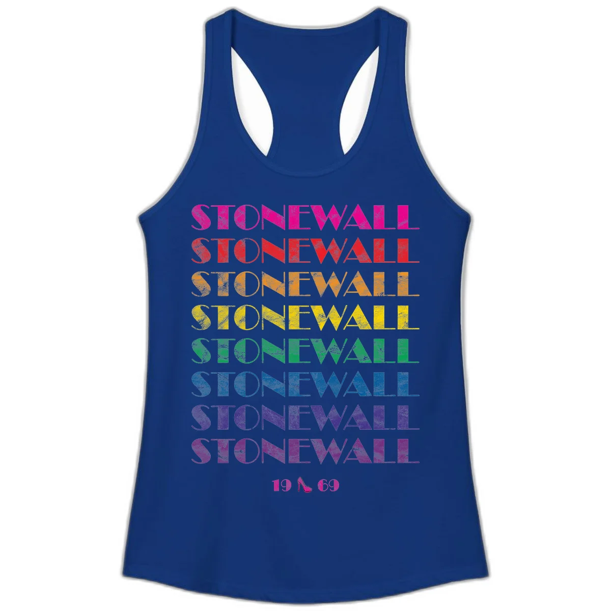 Stonewall Pride 1969 design with rainbow-colored repeated text and high heel icon on gray background in Solid Royal