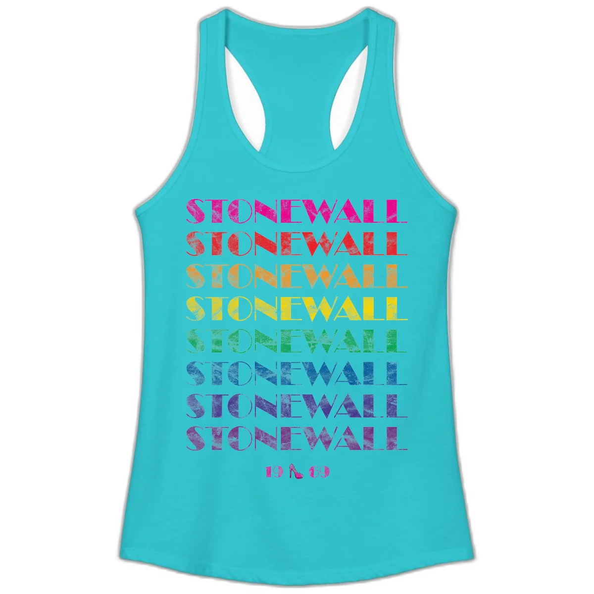 Stonewall Pride 1969 design with rainbow-colored repeated text and high heel icon on gray background in Solid Tahiti Blue