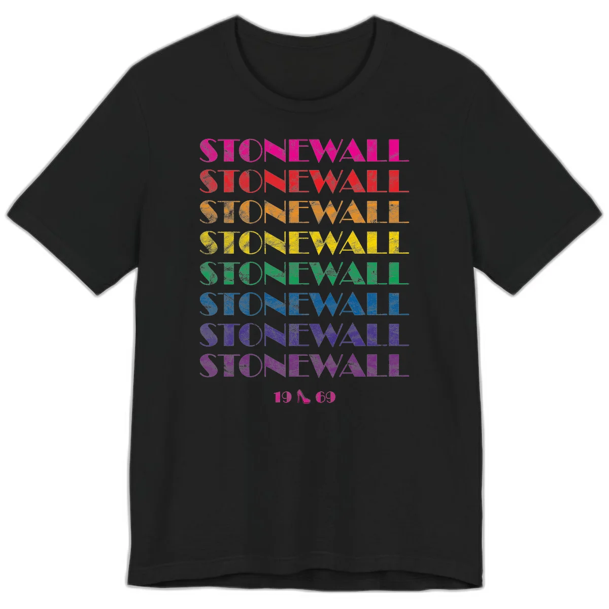 Stonewall Pride 1969 design with rainbow-colored repeated text and high heel icon on gray background in Black