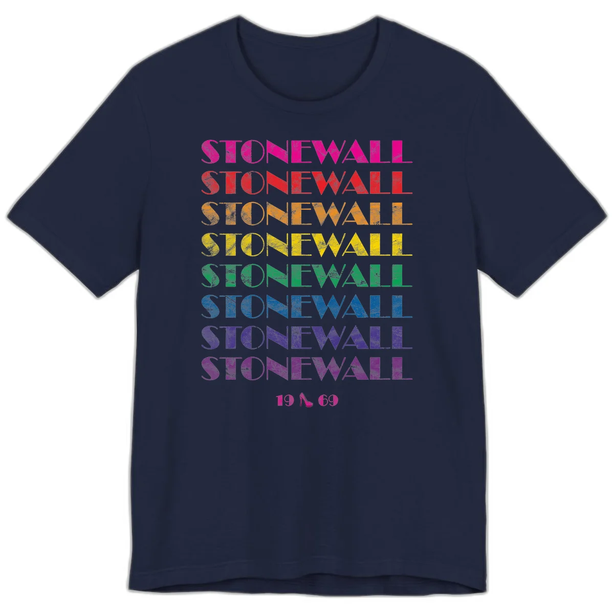 Stonewall Pride 1969 design with rainbow-colored repeated text and high heel icon on gray background in Navy