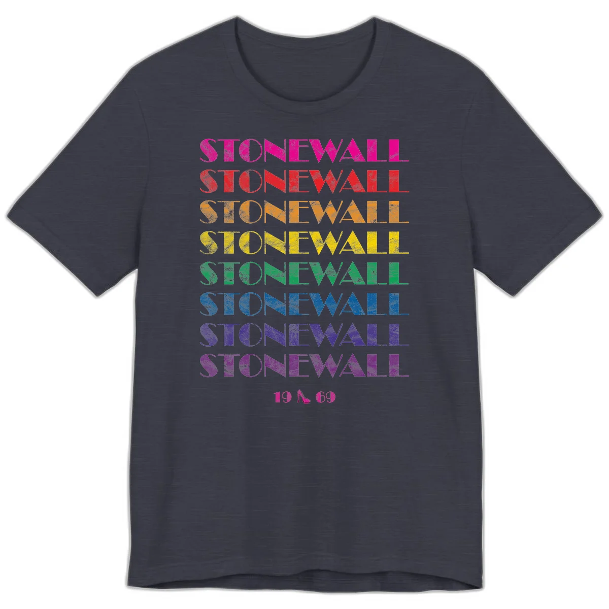 Stonewall Pride 1969 design with rainbow-colored repeated text and high heel icon on gray background in Heather Midnight Navy