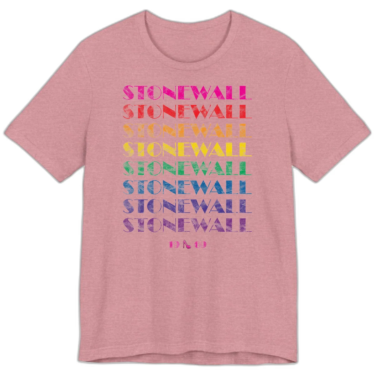 Stonewall Pride 1969 design with rainbow-colored repeated text and high heel icon on gray background in Heather Orchid