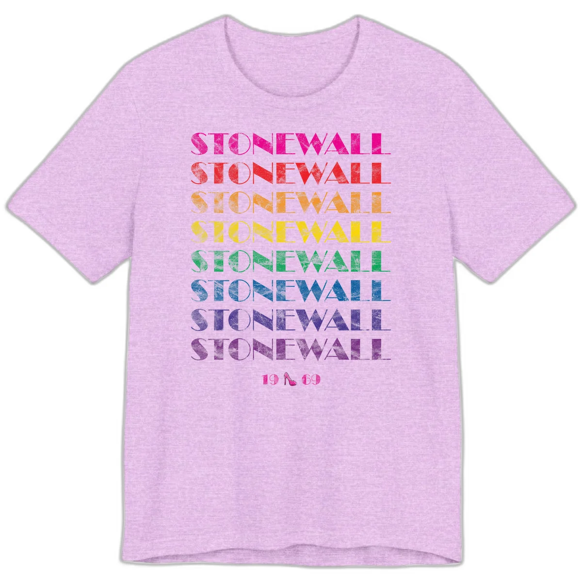 Stonewall Pride 1969 design with rainbow-colored repeated text and high heel icon on gray background in Heather Prism Lilac