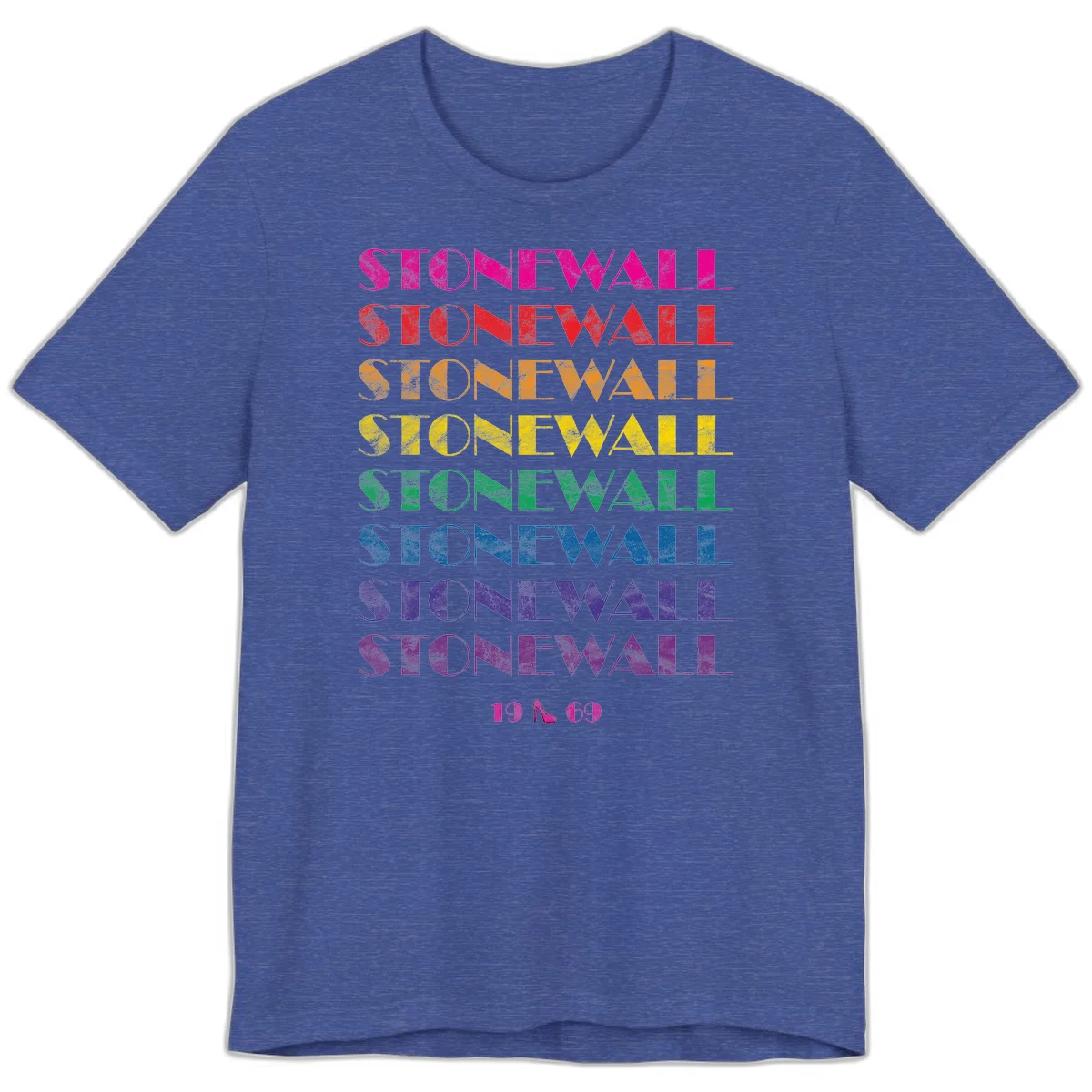 Stonewall Pride 1969 design with rainbow-colored repeated text and high heel icon on gray background in Heather True Royal