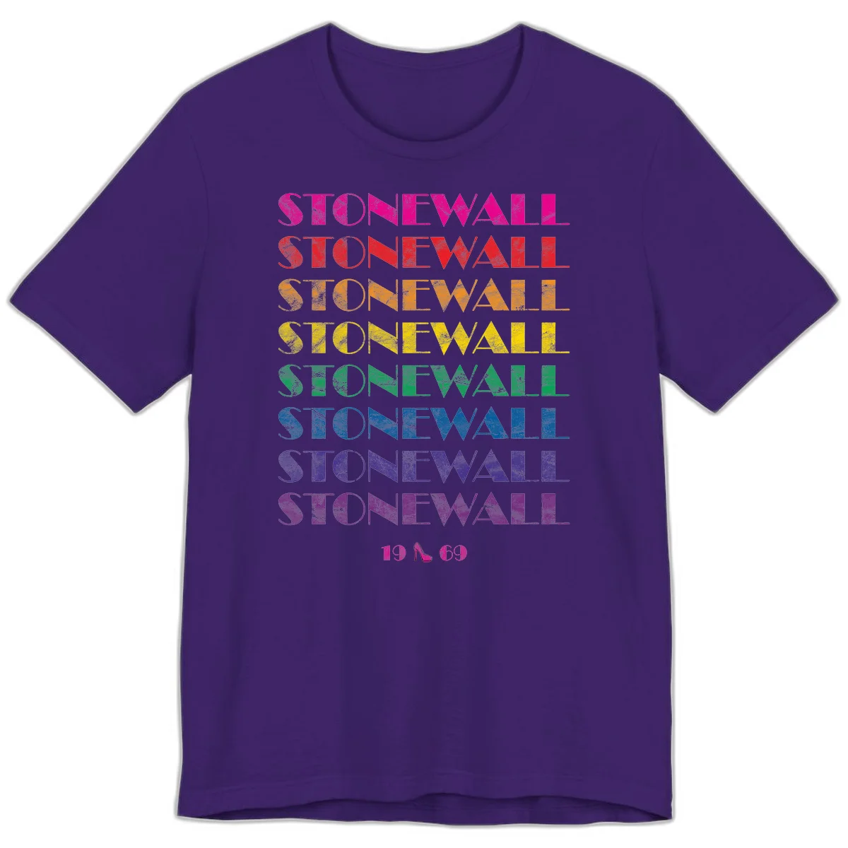 Stonewall Pride 1969 design with rainbow-colored repeated text and high heel icon on gray background in Team Purple