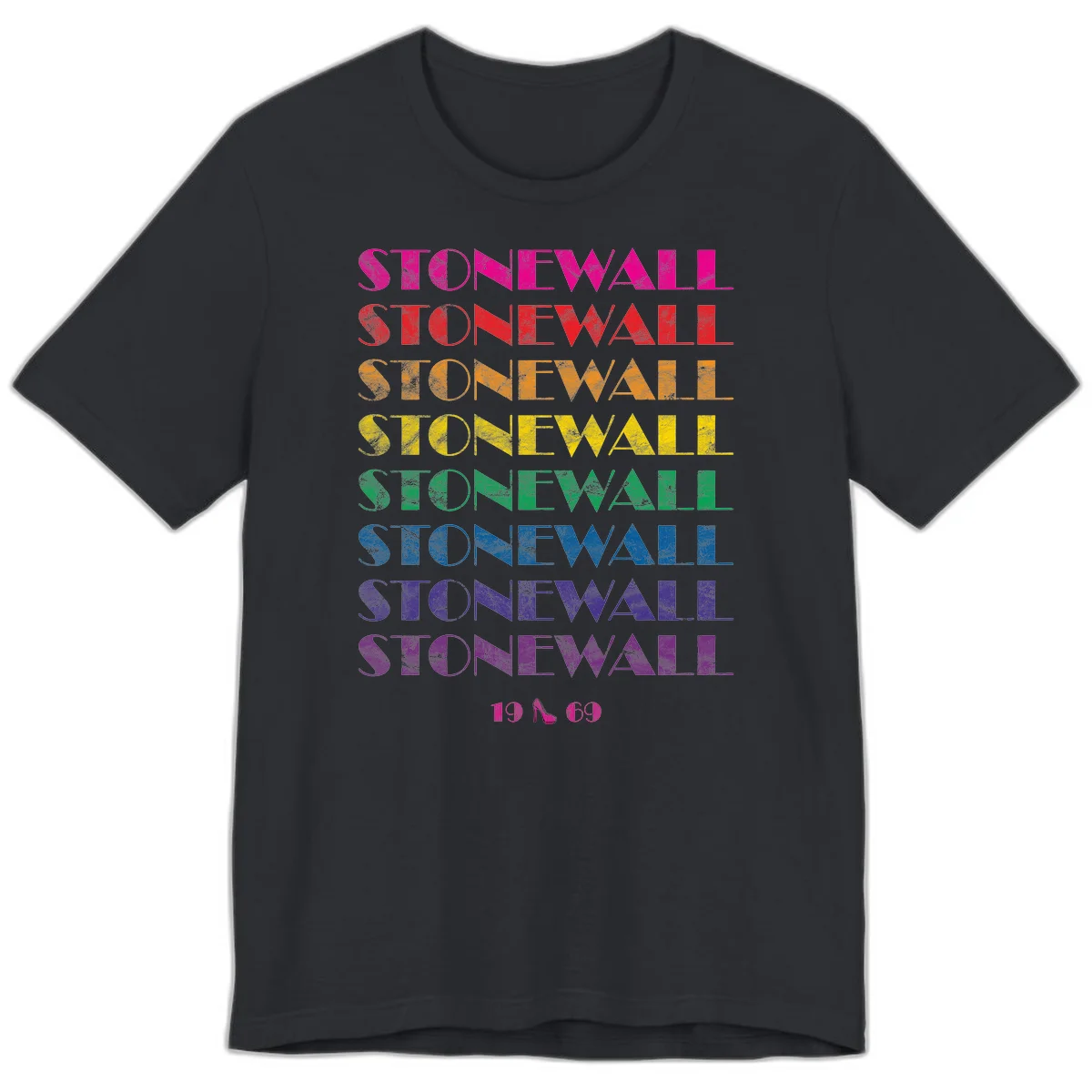 Stonewall Pride 1969 design with rainbow-colored repeated text and high heel icon on gray background in Vintage Black