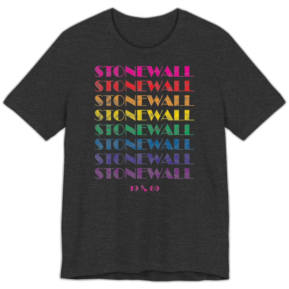 Stonewall Pride 1969 design with rainbow-colored repeated text and high heel icon on gray background in Dark Grey Heather