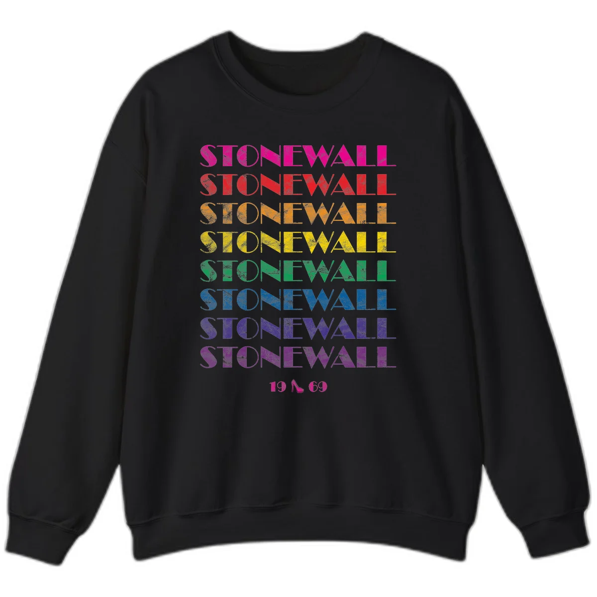 Stonewall Pride 1969 design with rainbow-colored repeated text and high heel icon on gray background in Black