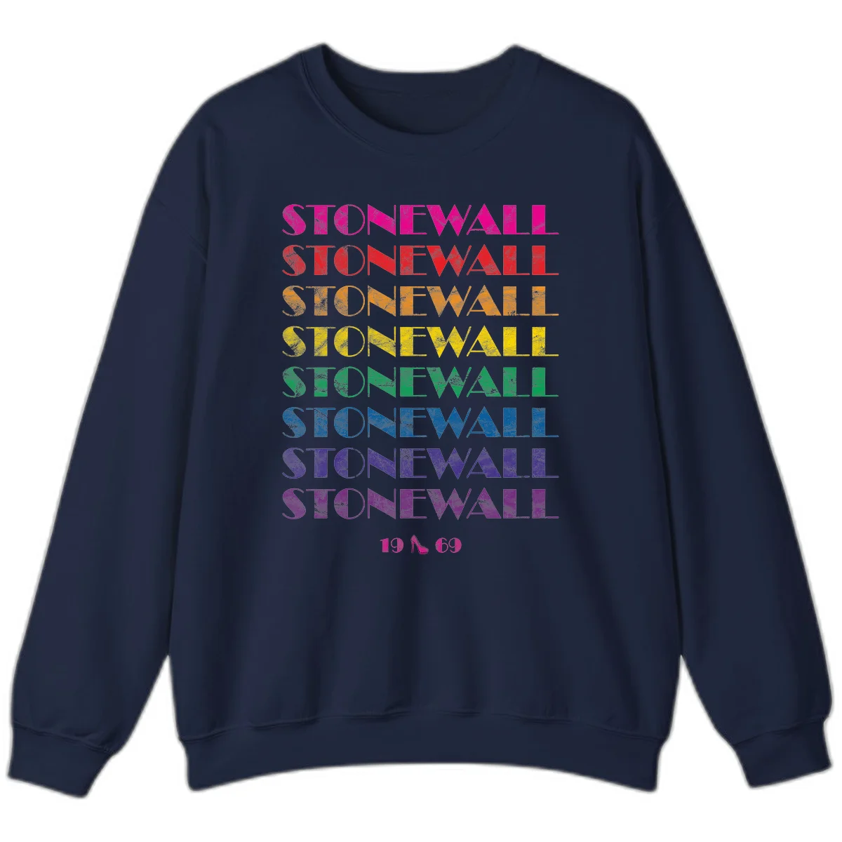 Stonewall Pride 1969 design with rainbow-colored repeated text and high heel icon on gray background in Navy