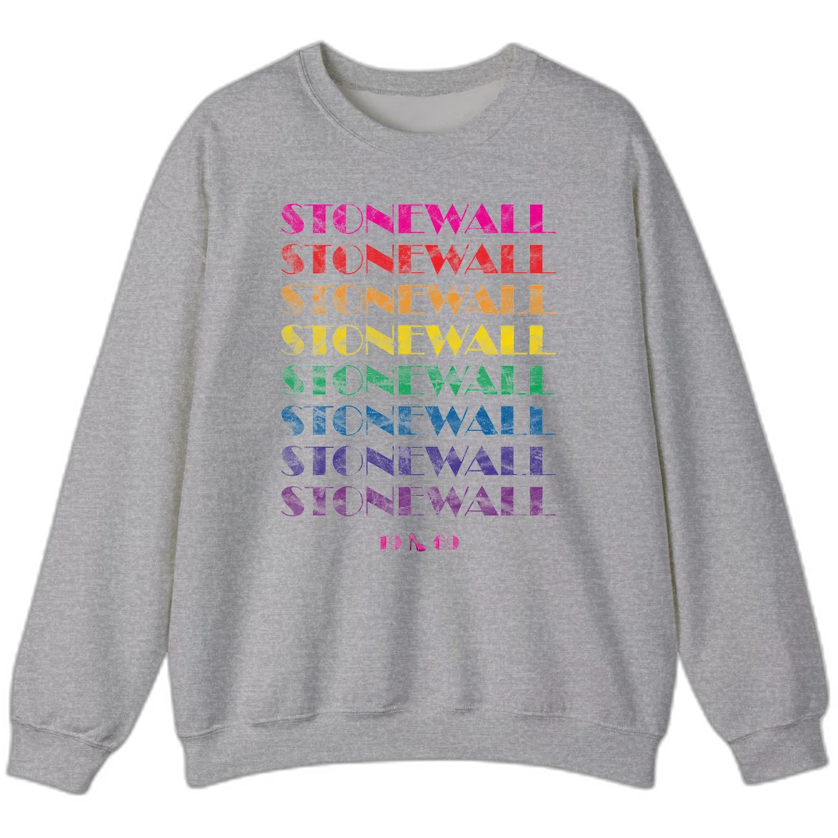 Stonewall Pride 1969 design with rainbow-colored repeated text and high heel icon on gray background in Sport Grey