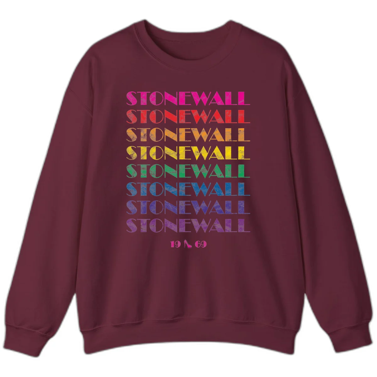 Stonewall Pride 1969 design with rainbow-colored repeated text and high heel icon on gray background in Maroon