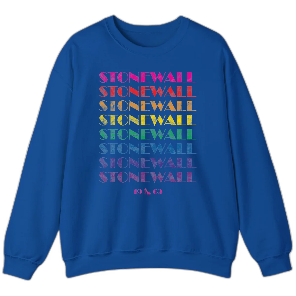 Stonewall Pride 1969 design with rainbow-colored repeated text and high heel icon on gray background in Royal