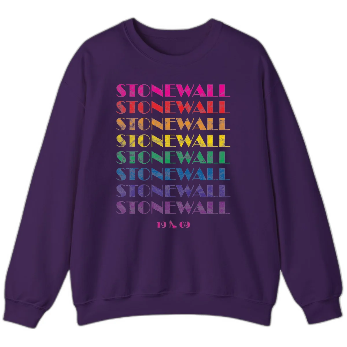 Stonewall Pride 1969 design with rainbow-colored repeated text and high heel icon on gray background in Purple