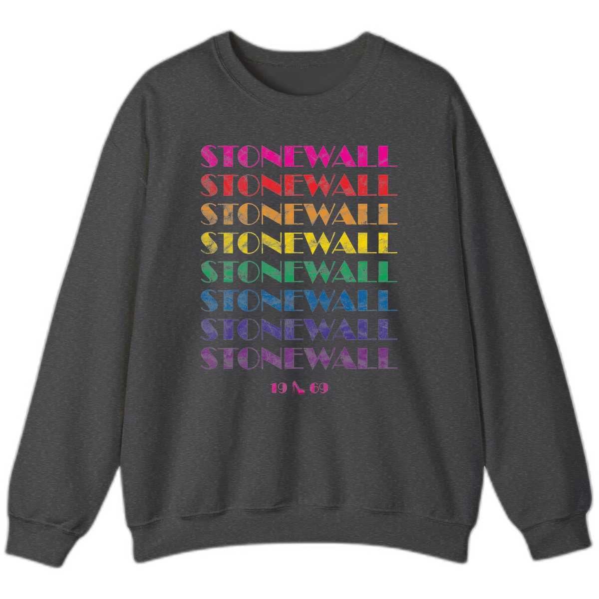 Stonewall Pride 1969 design with rainbow-colored repeated text and high heel icon on gray background in Dark Heather