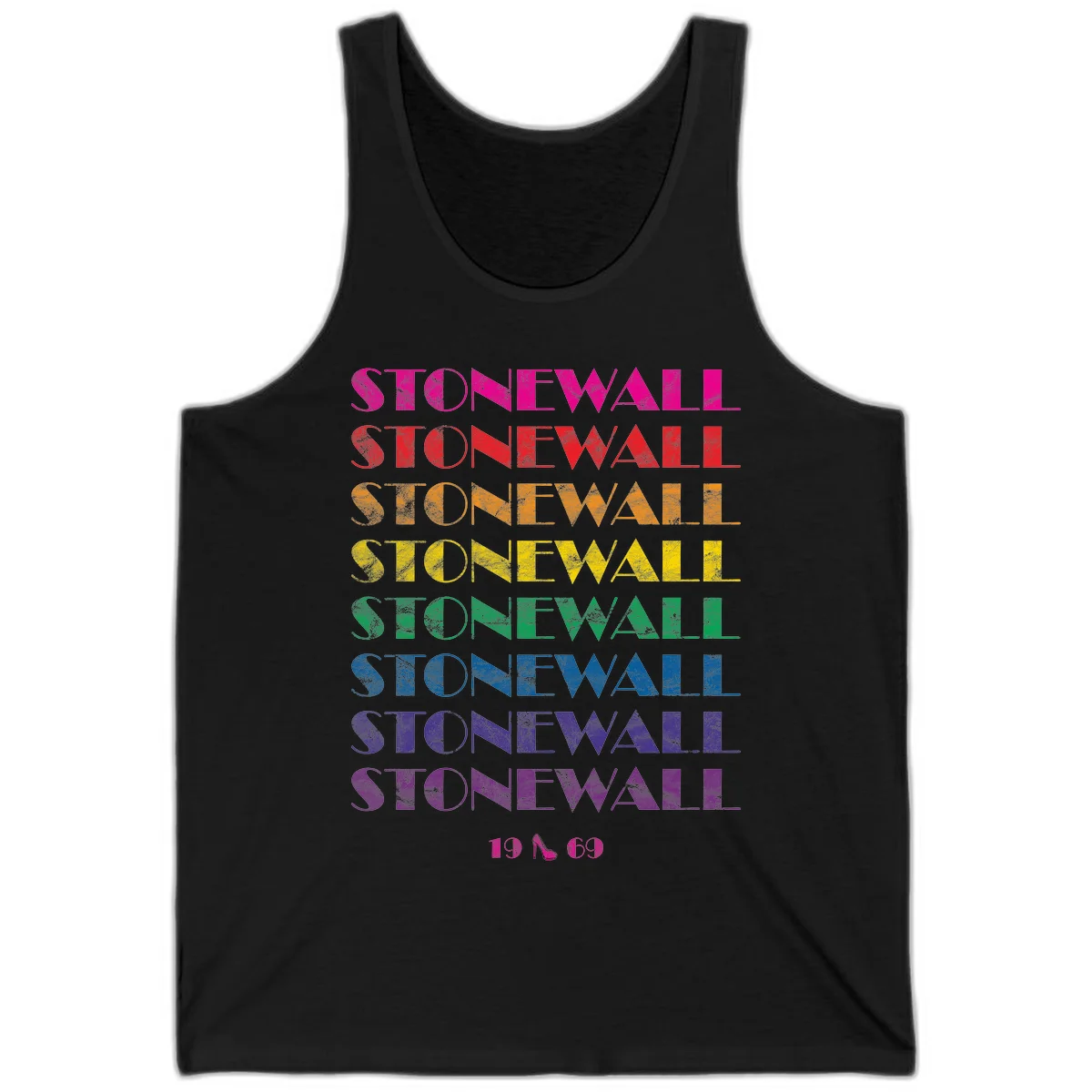 Stonewall Pride 1969 design with rainbow-colored repeated text and high heel icon on gray background in Black