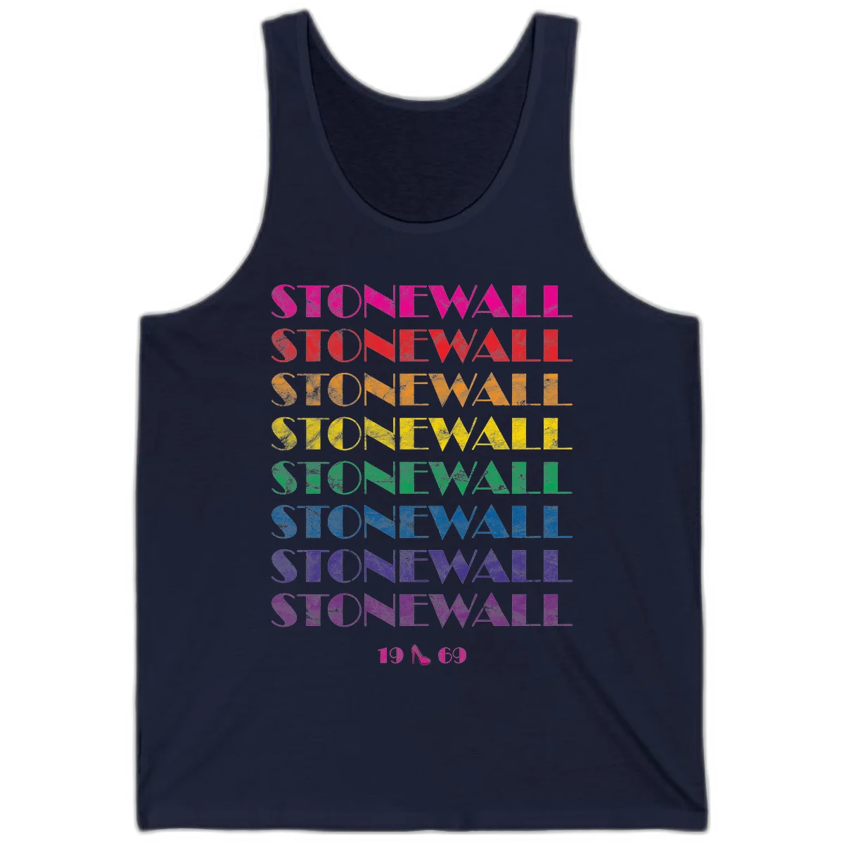 Stonewall Pride 1969 design with rainbow-colored repeated text and high heel icon on gray background in Navy