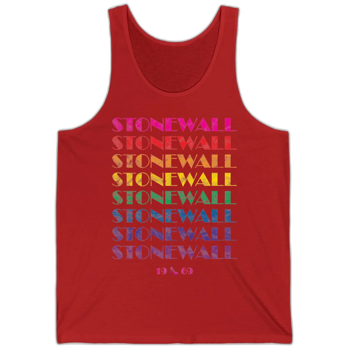 Stonewall Pride 1969 design with rainbow-colored repeated text and high heel icon on gray background in Red