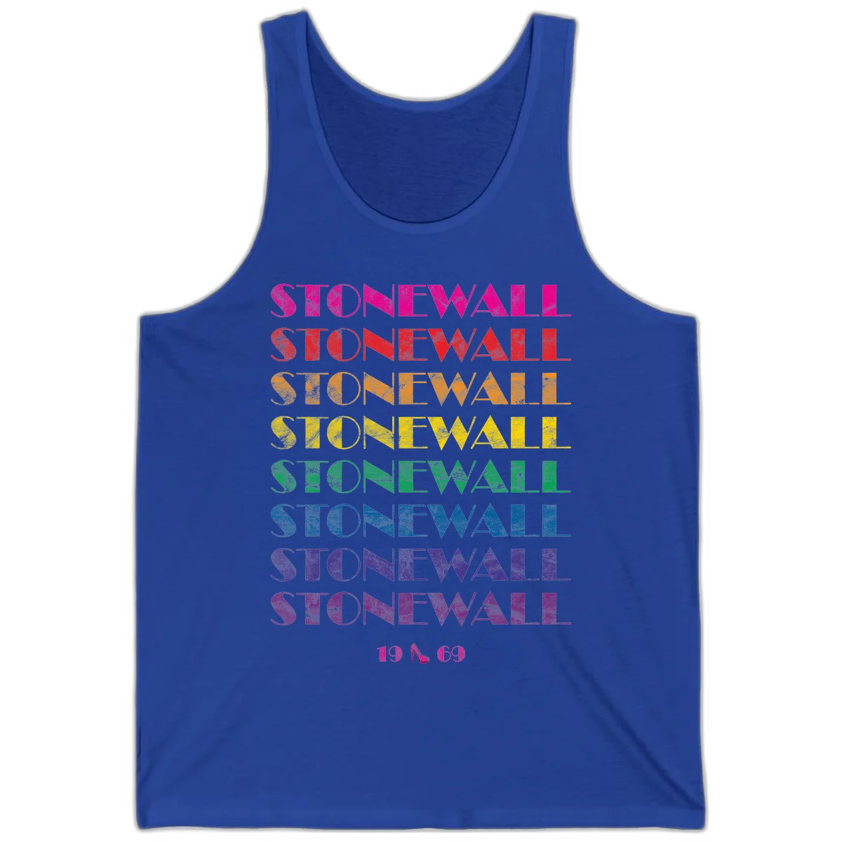 Stonewall Pride 1969 design with rainbow-colored repeated text and high heel icon on gray background in True Royal
