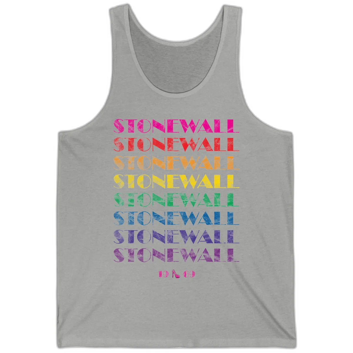 Stonewall Pride 1969 design with rainbow-colored repeated text and high heel icon on gray background in Athletic Heather