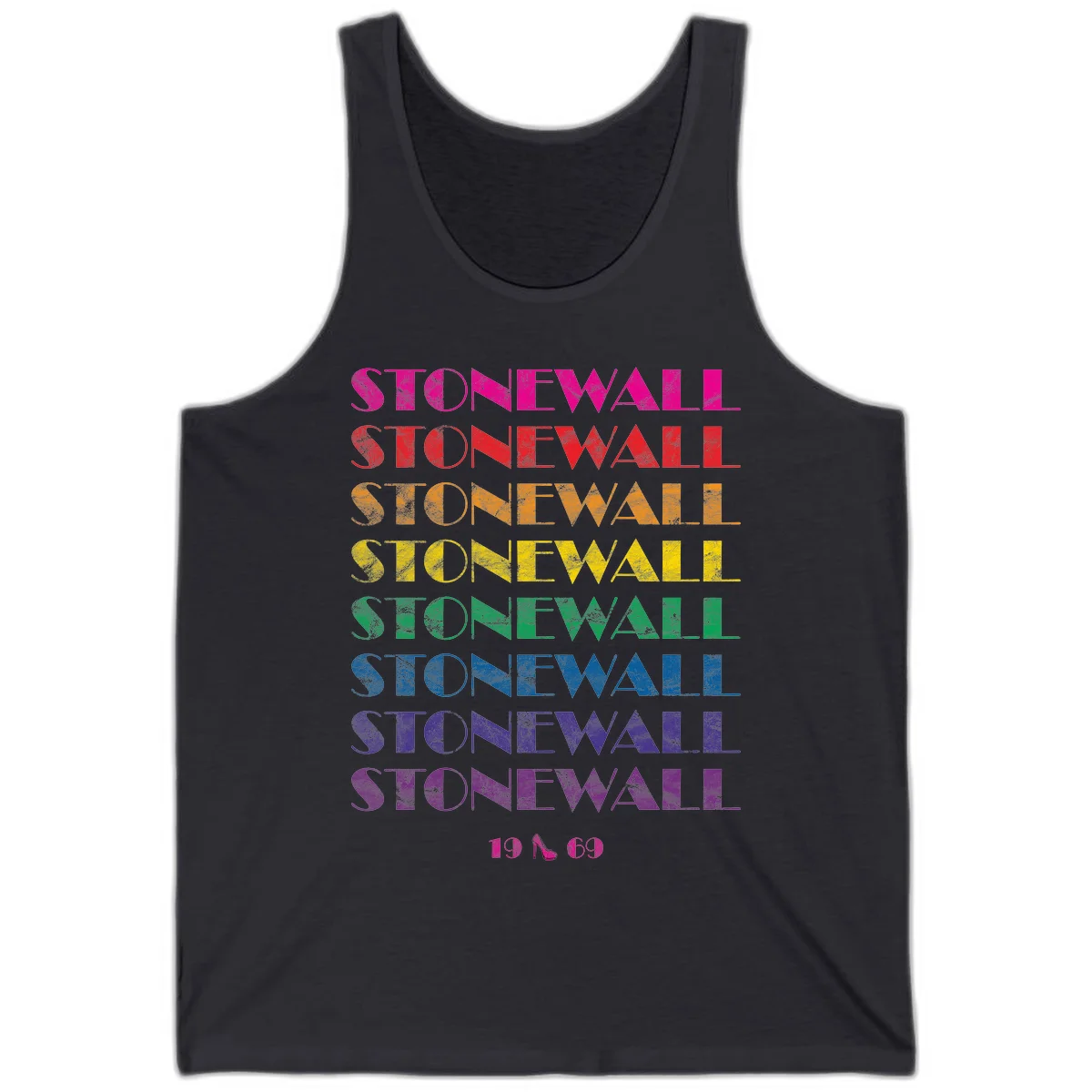 Stonewall Pride 1969 design with rainbow-colored repeated text and high heel icon on gray background in Dark Grey