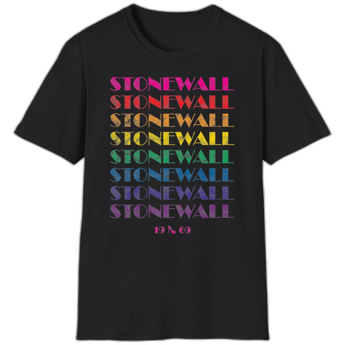 Stonewall Pride 1969 design with rainbow-colored repeated text and high heel icon on gray background in Black