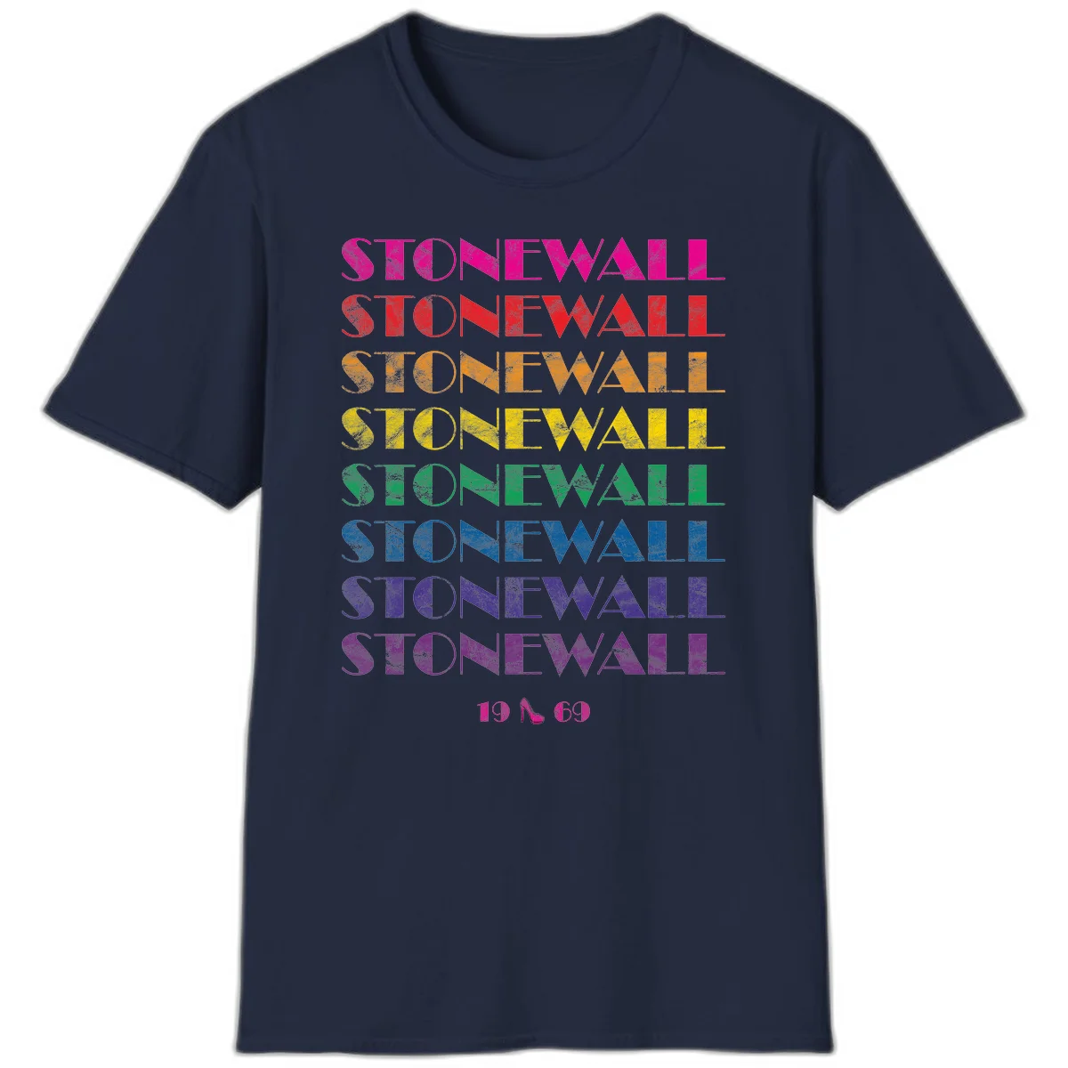Stonewall Pride 1969 design with rainbow-colored repeated text and high heel icon on gray background in Navy