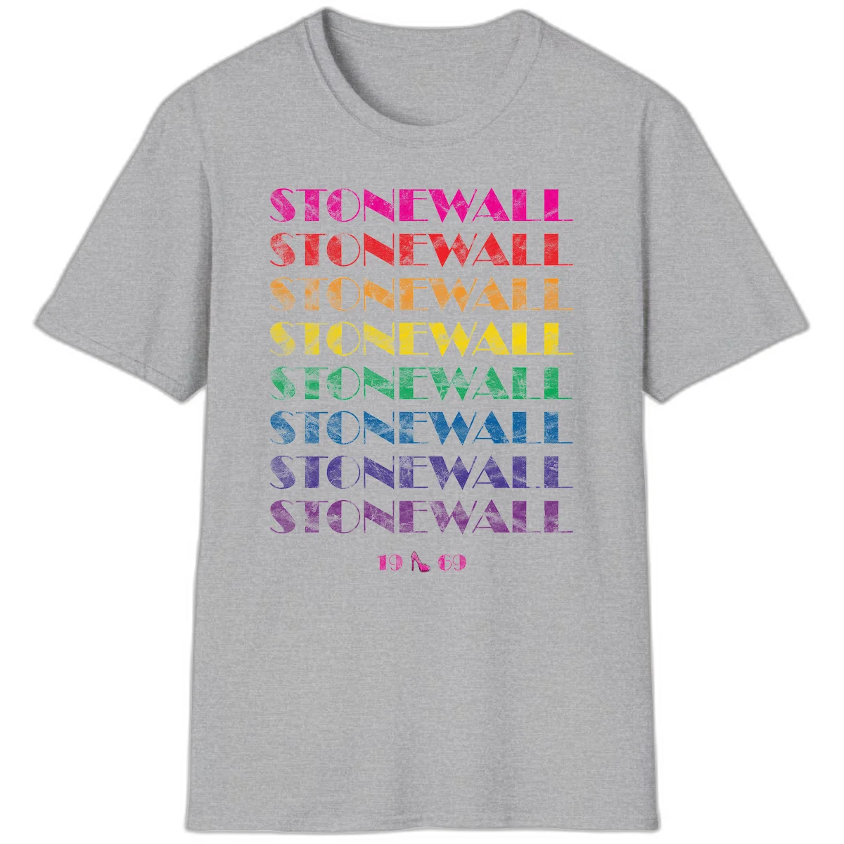 Stonewall Pride 1969 design with rainbow-colored repeated text and high heel icon on gray background in Sport Grey