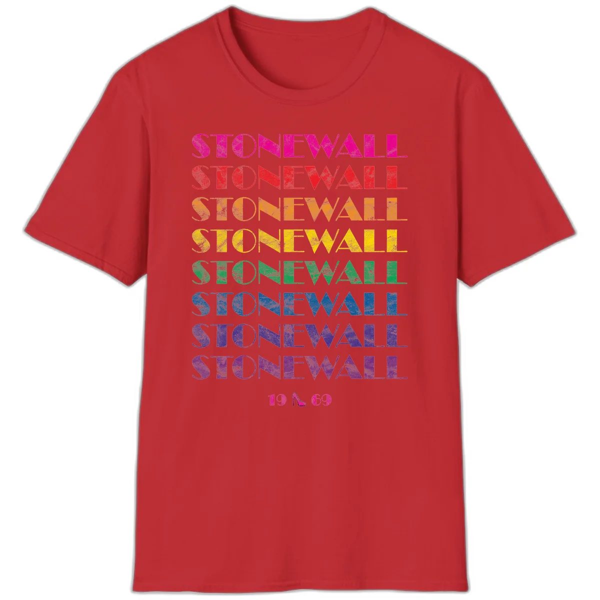Stonewall Pride 1969 design with rainbow-colored repeated text and high heel icon on gray background in Red