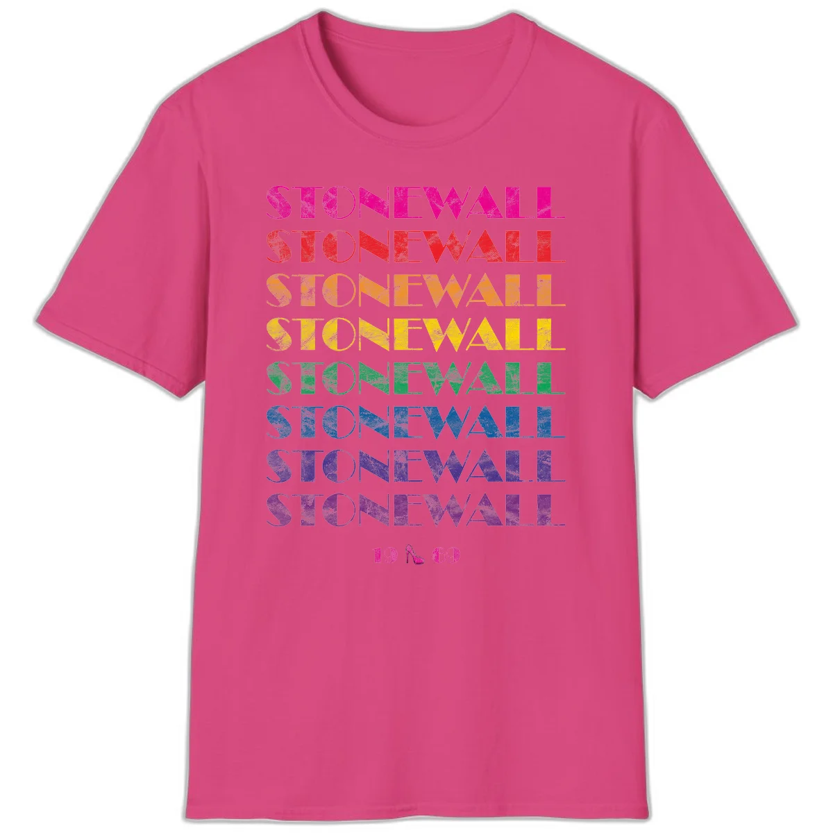 Stonewall Pride 1969 design with rainbow-colored repeated text and high heel icon on gray background in Heliconia