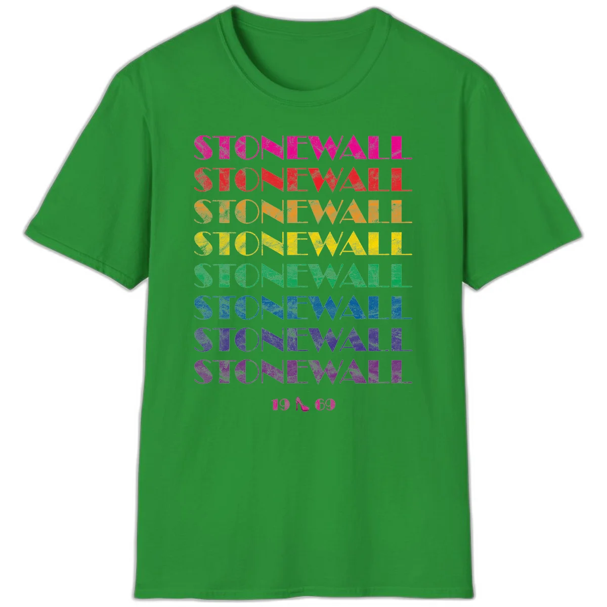 Stonewall Pride 1969 design with rainbow-colored repeated text and high heel icon on gray background in Irish Green