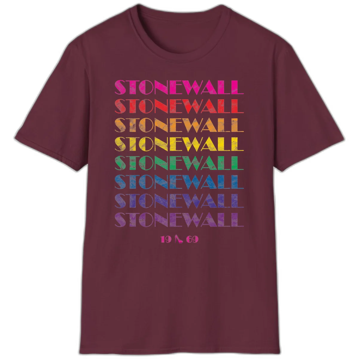 Stonewall Pride 1969 design with rainbow-colored repeated text and high heel icon on gray background in Maroon