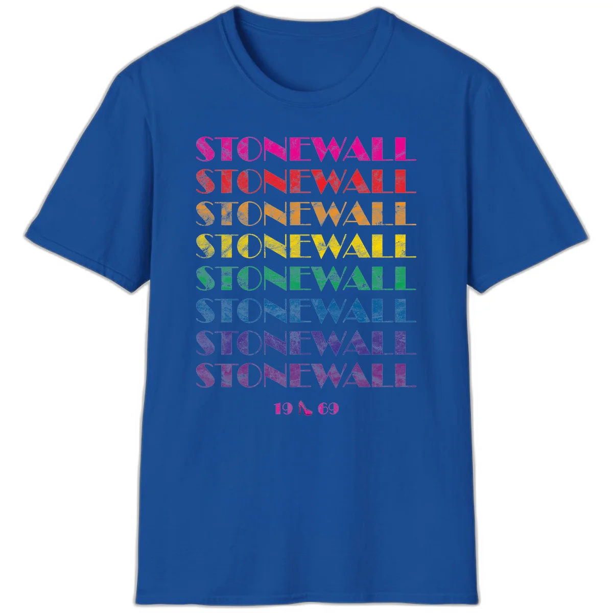 Stonewall Pride 1969 design with rainbow-colored repeated text and high heel icon on gray background in Royal