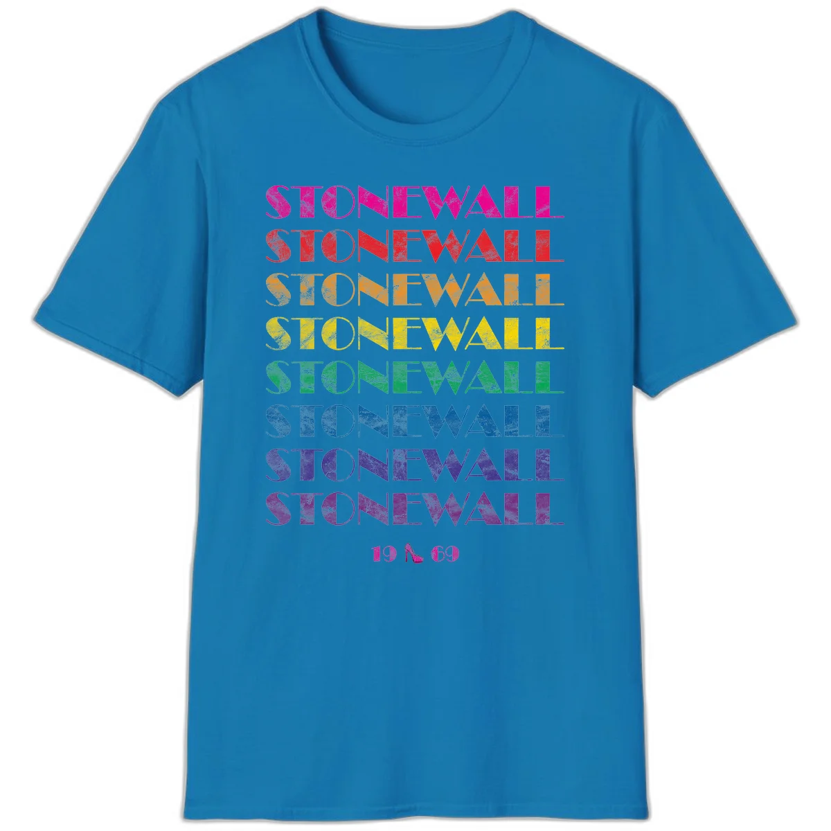 Stonewall Pride 1969 design with rainbow-colored repeated text and high heel icon on gray background in Sapphire