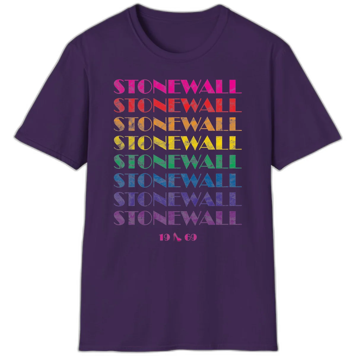 Stonewall Pride 1969 design with rainbow-colored repeated text and high heel icon on gray background in Purple