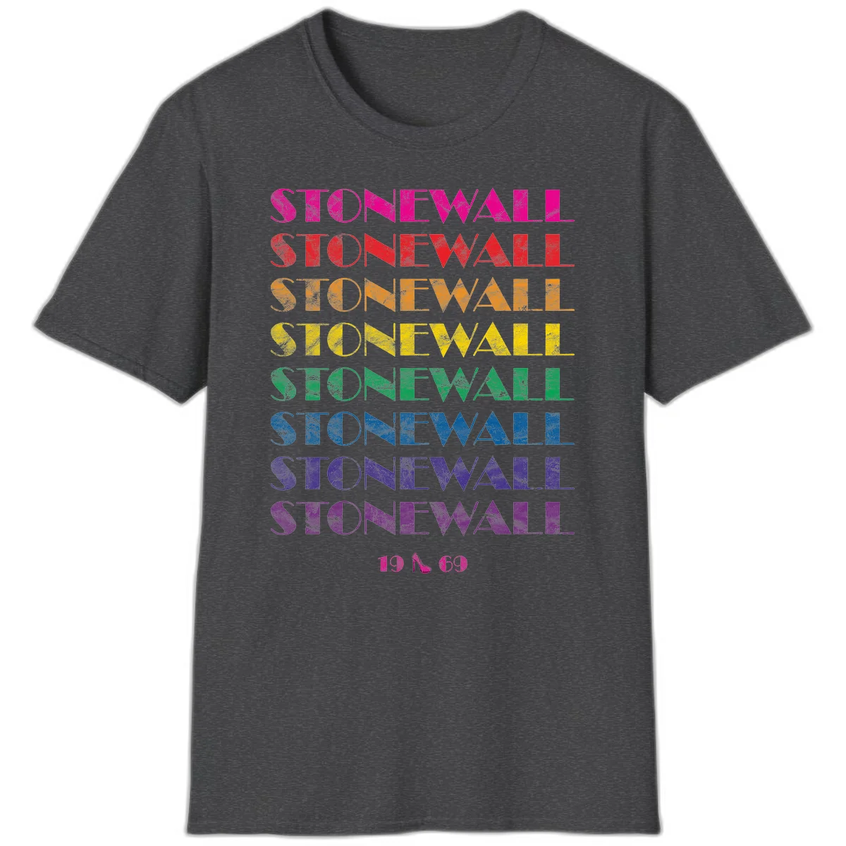 Stonewall Pride 1969 design with rainbow-colored repeated text and high heel icon on gray background in Dark Heather