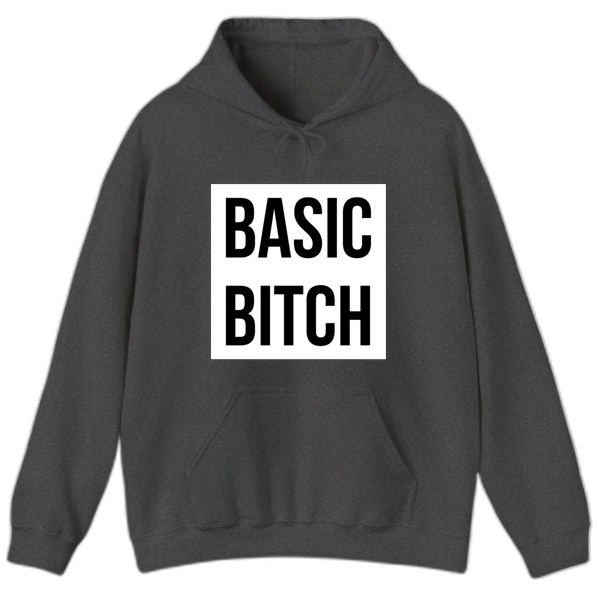 Black and white basic bitch attitude graphic with bold sans-serif text in rectangular border frame in Dark Heather