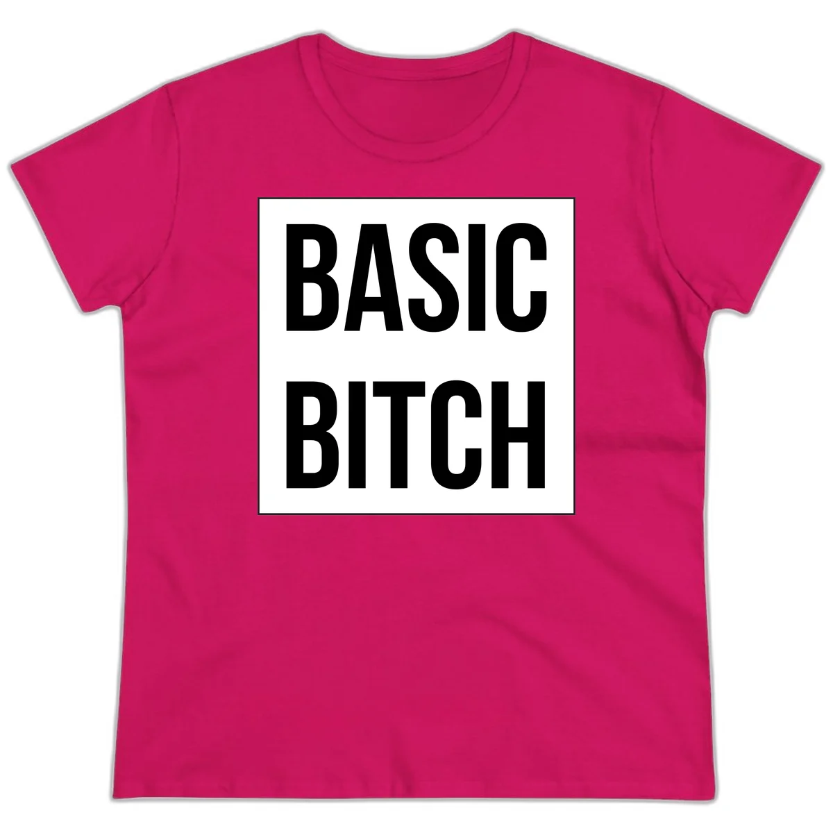 Black and white basic bitch attitude graphic with bold sans-serif text in rectangular border frame in Heliconia