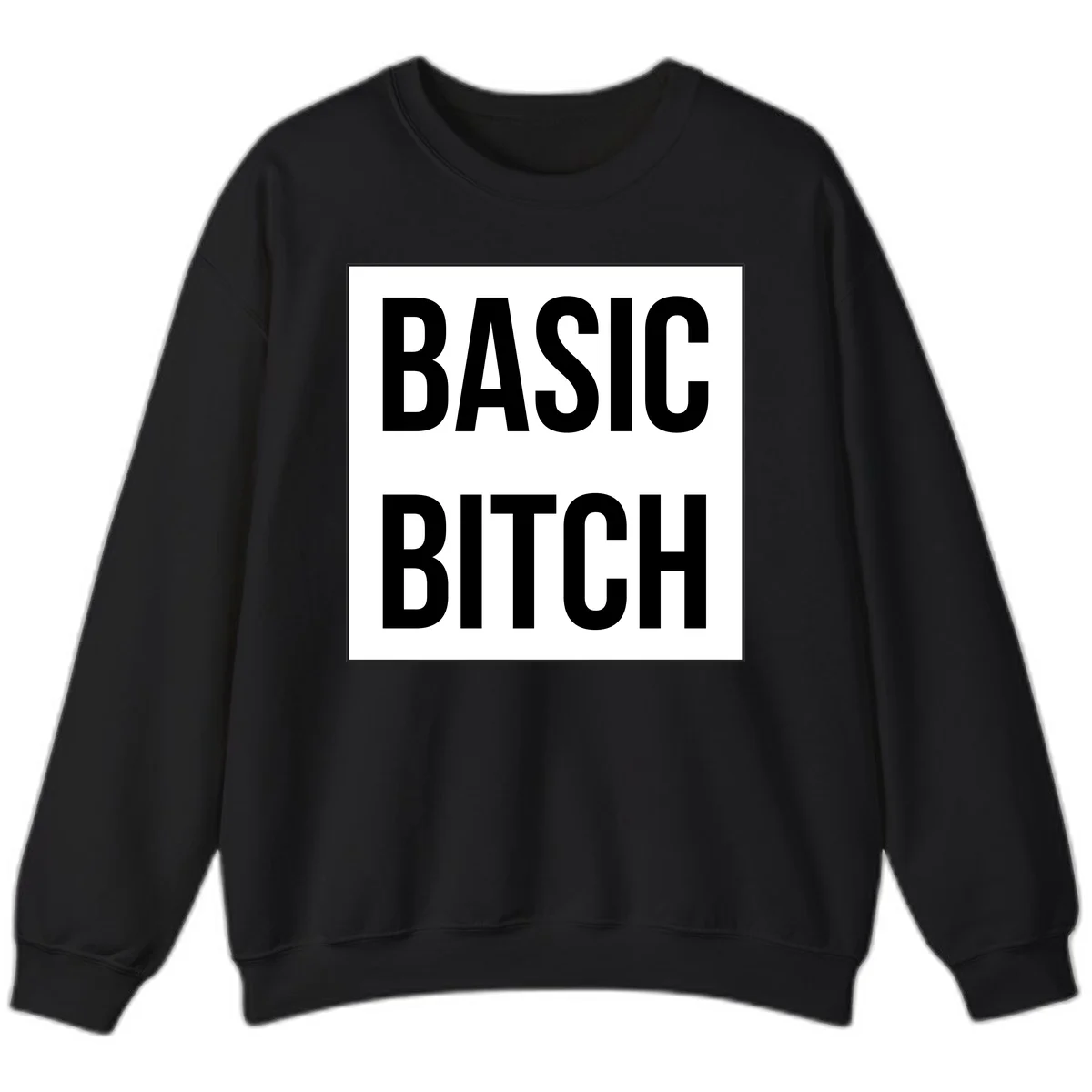 Black and white basic bitch attitude graphic with bold sans-serif text in rectangular border frame in Black