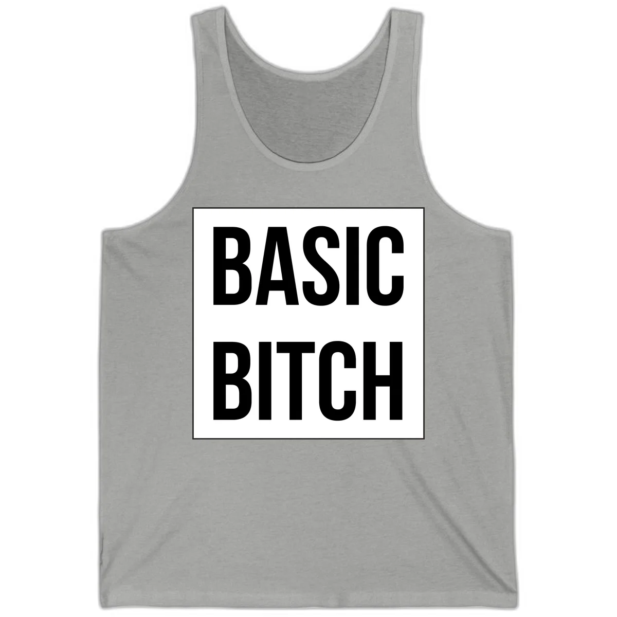 Black and white basic bitch attitude graphic with bold sans-serif text in rectangular border frame in Athletic Heather