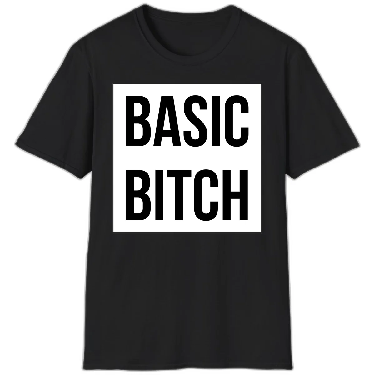Black and white basic bitch attitude graphic with bold sans-serif text in rectangular border frame in Black