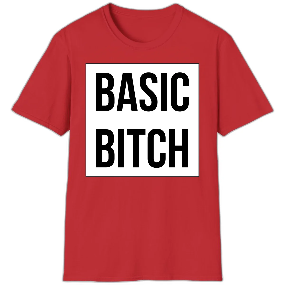 Black and white basic bitch attitude graphic with bold sans-serif text in rectangular border frame in Red