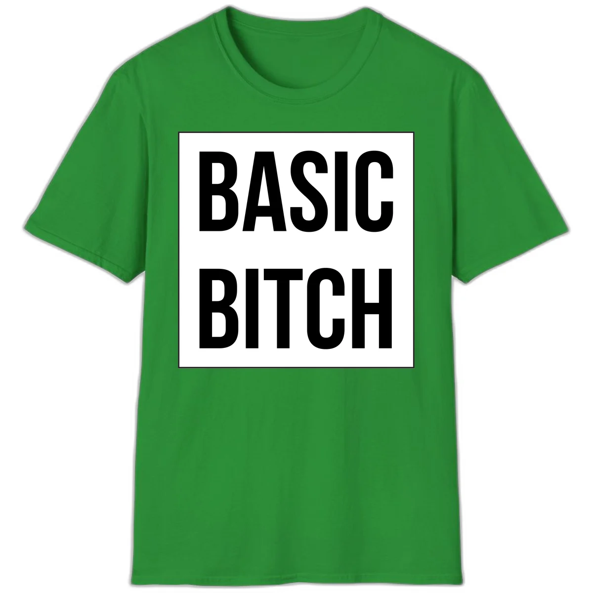 Black and white basic bitch attitude graphic with bold sans-serif text in rectangular border frame in Irish Green