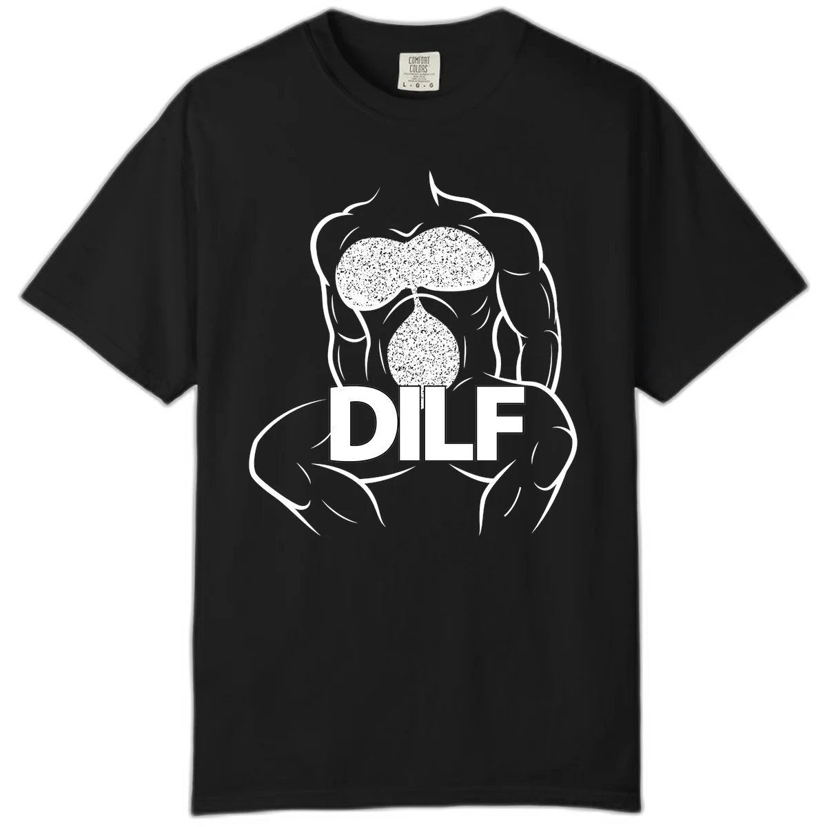 DILF anatomy humor design featuring muscular torso outline with speckled organ illustration and text in Black